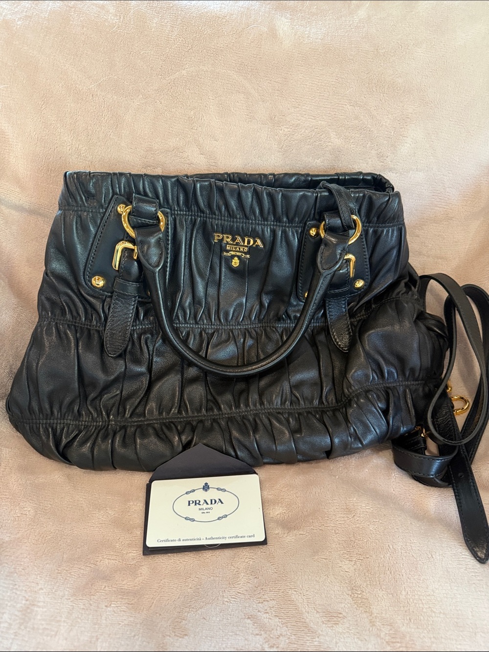 Prada Black Ruched Leather Shoulder Tote with Gold Hardware